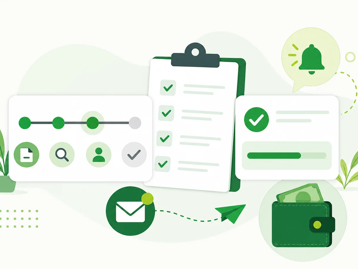 Flat illustration of a UIF claim progress timeline, checklist, status card, and payment notification.